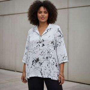 Habitat Marble Print Tunic Top - Front Button 3/4 Sleeve - Lagenlook Artsy XL